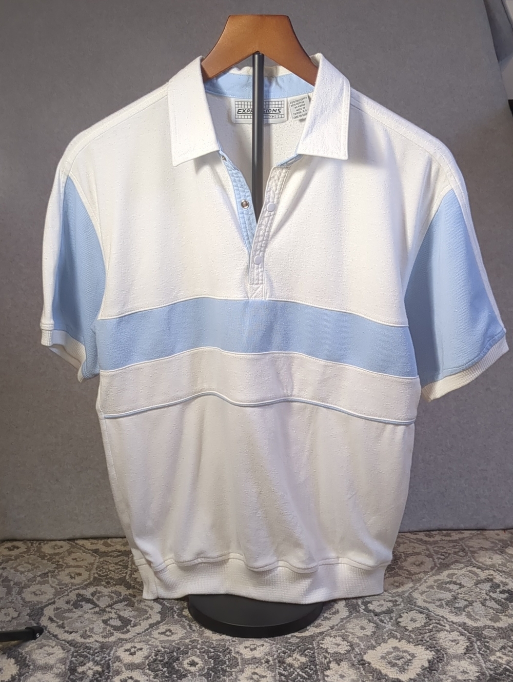 VTG 80s Expressions Colorblock Polo Shirt Men’s Medium White Blue Ribbed